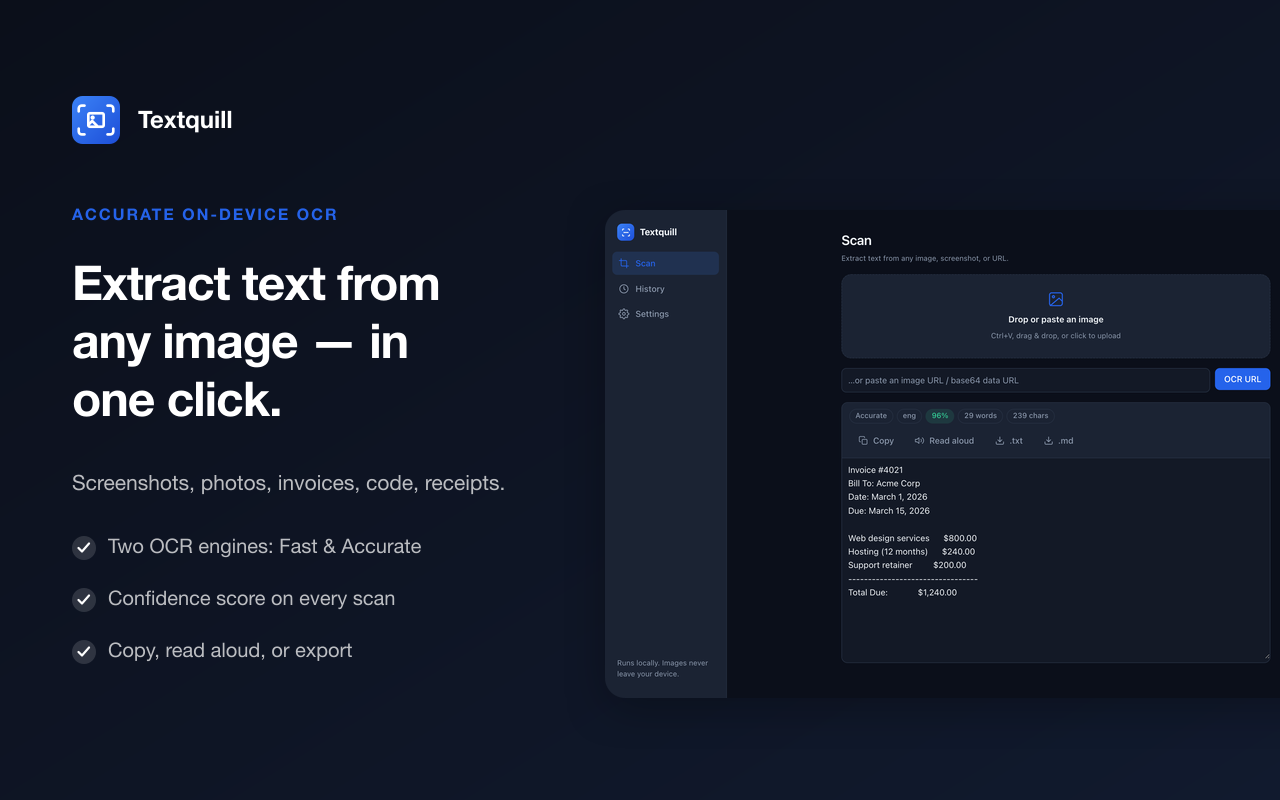 Textquill extracting text from an image, result view